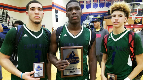 Gelo Ball, Eli Scott and Melo Ball (L-R) have been major reasons why Chino Hills' winning streak is up to 48 games. Gelo is the arguably the state's best scorer, Scott does plenty of dirty work around the rim and Melo has taken over at point guard for older brother Lonzo Ball in spectacular fashion. Photo: Nick Koza 