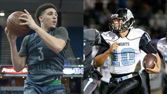 LiAngelo Ball of Chino Hills is shown in last season's CIF Open Division state final vs. De La Salle. Ernesto Camacho of El Monte Arroyo, meanwhile, will lead team this weekend in CIFSS Division XII title game. Photos: James K. Leash/SportStars & hometeamsonline.com.