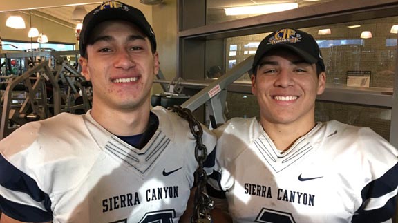 Sierra Canyon QB Niko Harris and WR J.J. Hernandez both were center stage during team's victory in CIF Division 2-A state championship. Photo: Mark Tennis.