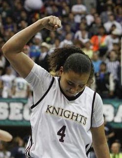 Destiny Littleton gives a fist pump to the crowd during CIF San Diego Section championships. Photo: Courtesy school.