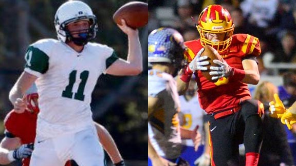Two on the board are QB Casey Mornhinweg from Stevenson of Pebble Beach and LB Jace Krick of Oakdale. Mornhinweg is from one of the all-time best football families in the CCS. Krick, a junior, had a memorable pick six during bowl win over Sutter. Photos: Hudl.com & Joe Cortez/The Modesto Bee.