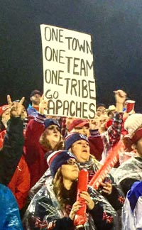 The home crowd at Tom Flores Stadium in Sanger was pumped up throughout during game between Apaches and San Mateo Serra. Photo: centralvalleyfootball.com.