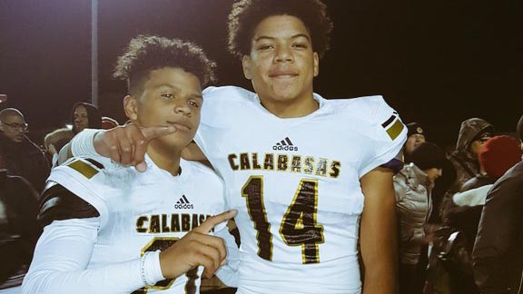 Two of Calabasas' young stars -- sophomore Johnny Williams & freshman Johnny Wilson -- pose for photo after team won CIFSS D5 title Saturday at Capistrano Valley. Photo: Twitter.com.