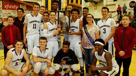 Players from Woodcreek of Roseville pose with championship trophy after impressive win over preseason NorCal No. 1 Salesian (Richmond) in title game of the annual Gridley tourney. Photo: Gridley Invitational Basketball Tournament/Facebook.com.