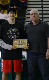 Mater Dei's Spencer Freedman receives MVP plaque from Burlison on Basketball editor Frank Burlison after title game of last week's The Classic at Damien. Photo: Twitter.com.