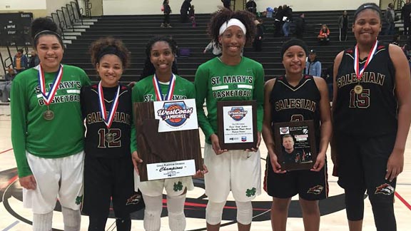 Award winners from state-ranked teams St. Mary's of Stockton and Salesian of Richmond in the Platinum Division of the West Coast Jamboree were Neenah Young, Sierra Smith, Ariel Johnson, Aquira DeCosta (who won David "Scoop" Jackson MVP), Taimane Lesa-Hardee (won Jim Capoot Memorial Award) and Angel Jackson. Photo: Harold Abend.