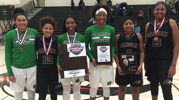 Award winners from state-ranked teams St. Mary's of Stockton and Salesian of Richmond in the Platinum Division of the West Coast Jamboree were Neenah Young, Sierra Smith, Ariel Johnson,  Aquira DeCosta (who won David "Scoop" Jackson MVP), Taimane Lesa-Hardee (won Jim Capoot Memorial Award) and Angel Jackson. Photo: Harold Abend. 