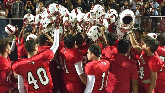 Players from Whittier High salute each other and their fans after posting a victory in the second game of the 2016 season. Photo: @whittierhs/Twitter.com.